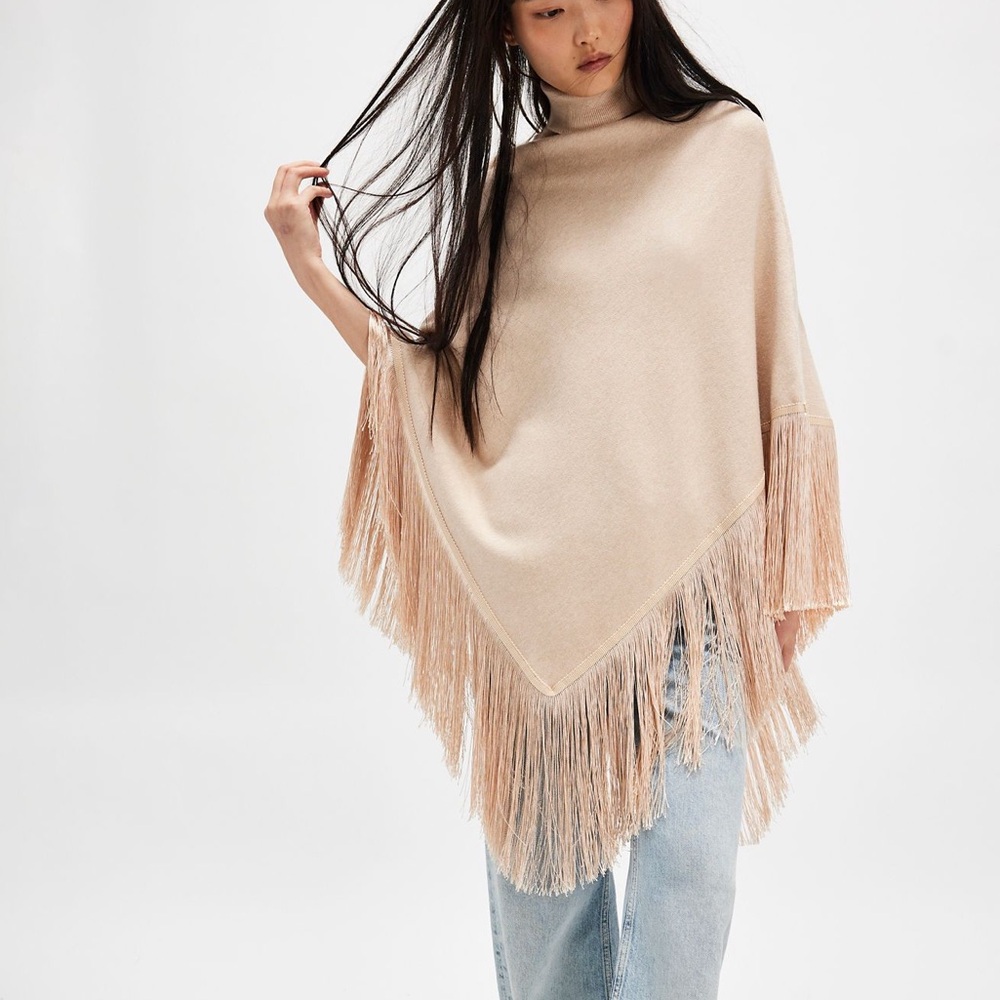 Free People x Understated Leather River Walk Fringe Poncho in Beige NWOT